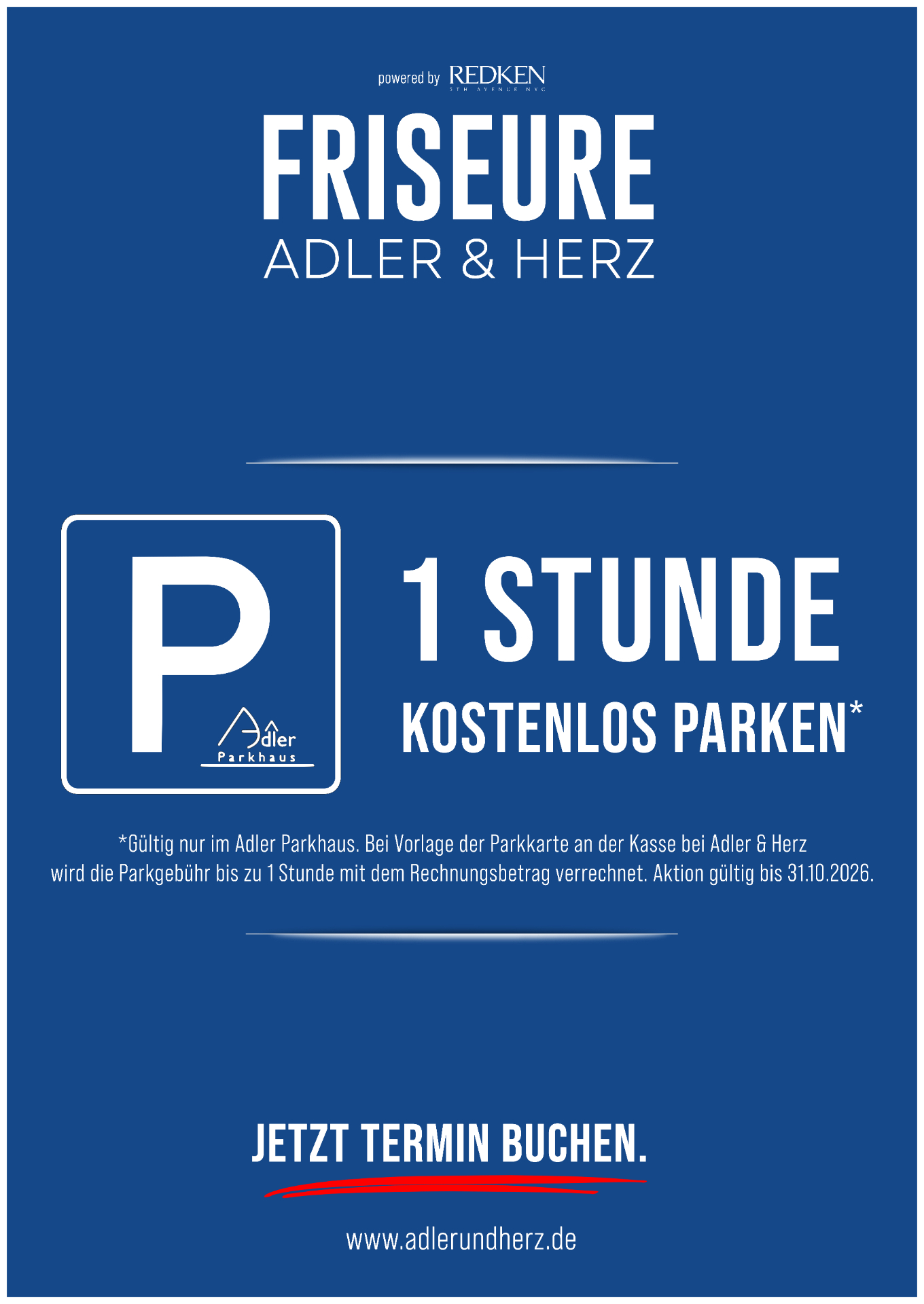 Aktionsplakat: 1 Stunde kostenlos parken im Adler Parkhaus